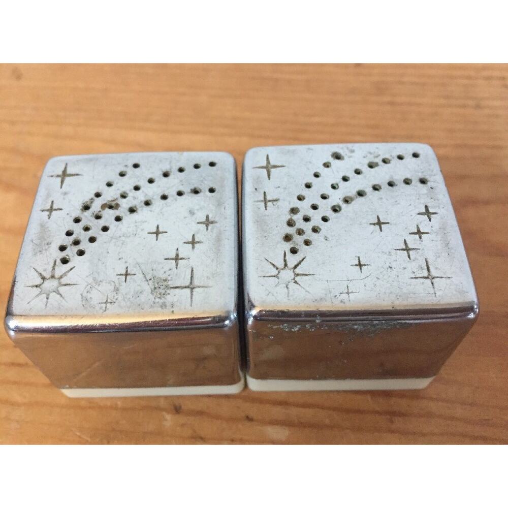 Vtg 30s Art Deco Skyway Chase Chrome Shooting Star Cube Salt Pepper Shaker Pair